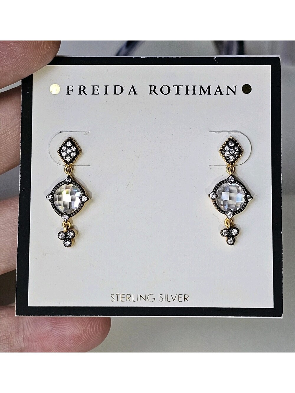 Freida Rothman Black Gold 925 Silver Signature Mirror Stone Drop Earrings - Picture 2 of 8